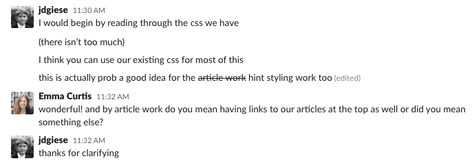 Slack message edited with a strike through to change the word article to hint
