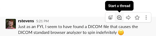Mouse hovers over thread button on Slack message