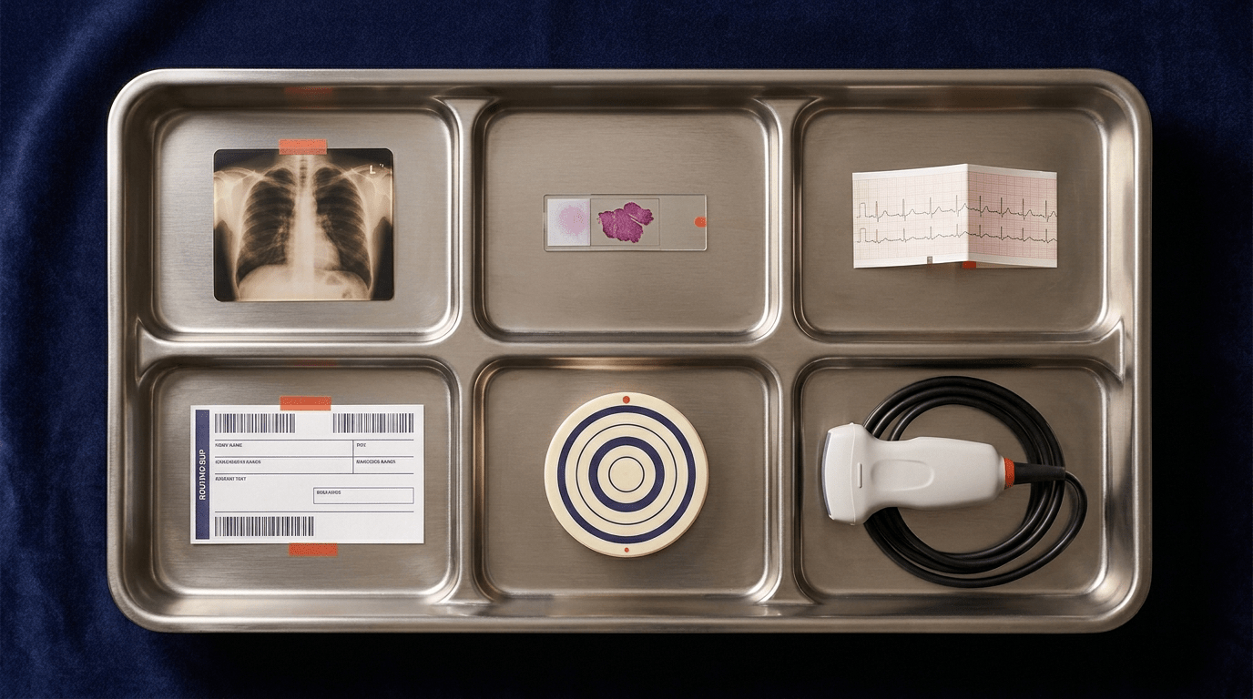 A polished brushed-steel surgical tray on indigo velvet holding six artifacts that stand in for the six SaMD archetypes: a chest X-ray film, a stained histology slide, a paper ECG rhythm strip, a printed routing slip with a barcode, a calibration phantom puck, and a handheld ultrasound probe with a coiled cable.