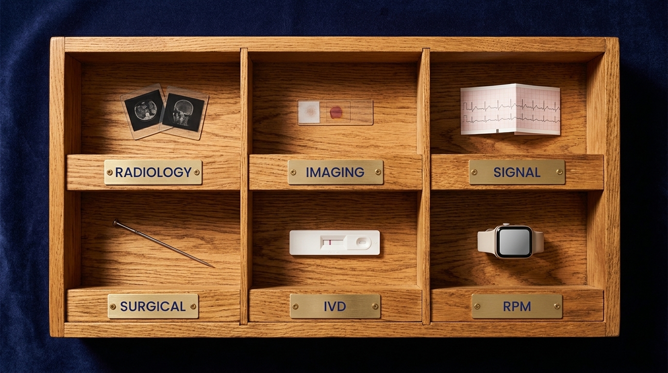 Six SaMD archetypes laid out in a typesetter's drawer: radiology, imaging, signal, surgical, IVD, and RPM.