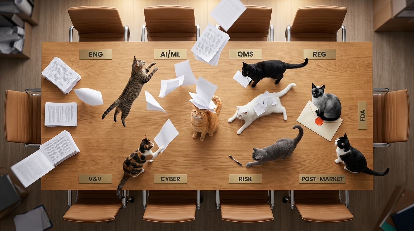 Overhead view of a boardroom conference table with chairs empty and eight cats running amok on the table surface. Papers fly mid-air, one cat sits guarding a sealed FDA-cleared envelope, and each seat bears a small brass nameplate for one end-to-end SaMD workstream: engineering, AI/ML, QMS, regulatory, V&V, cybersecurity, risk, and post-market.