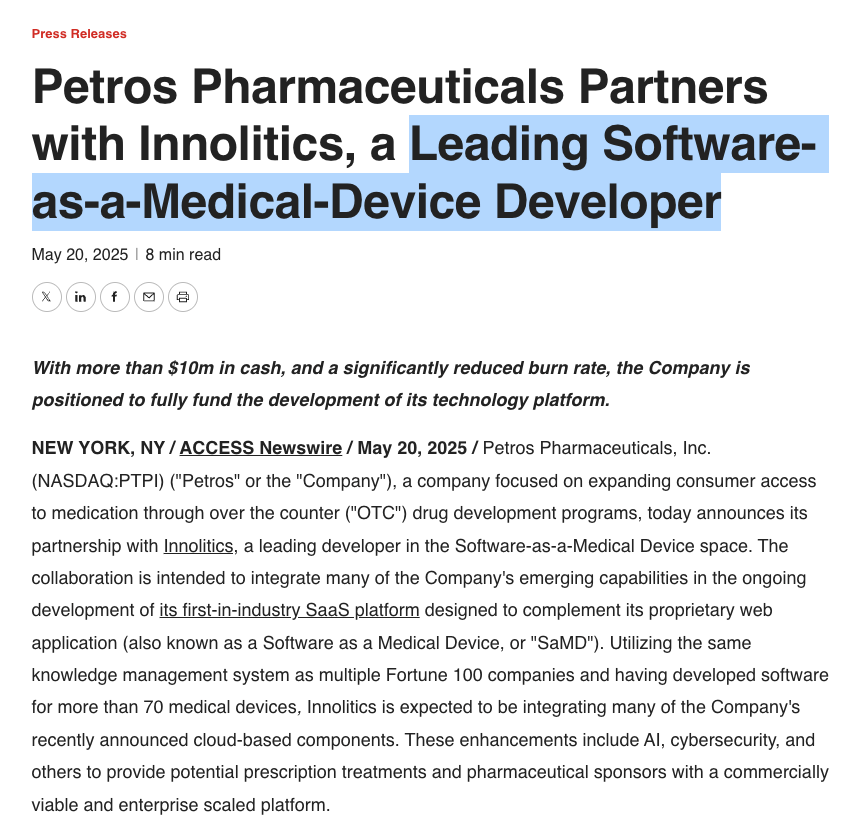 BioSpace press release headline: Petros Pharmaceuticals Partners with Innolitics, a Leading Software-as-a-Medical-Device Developer